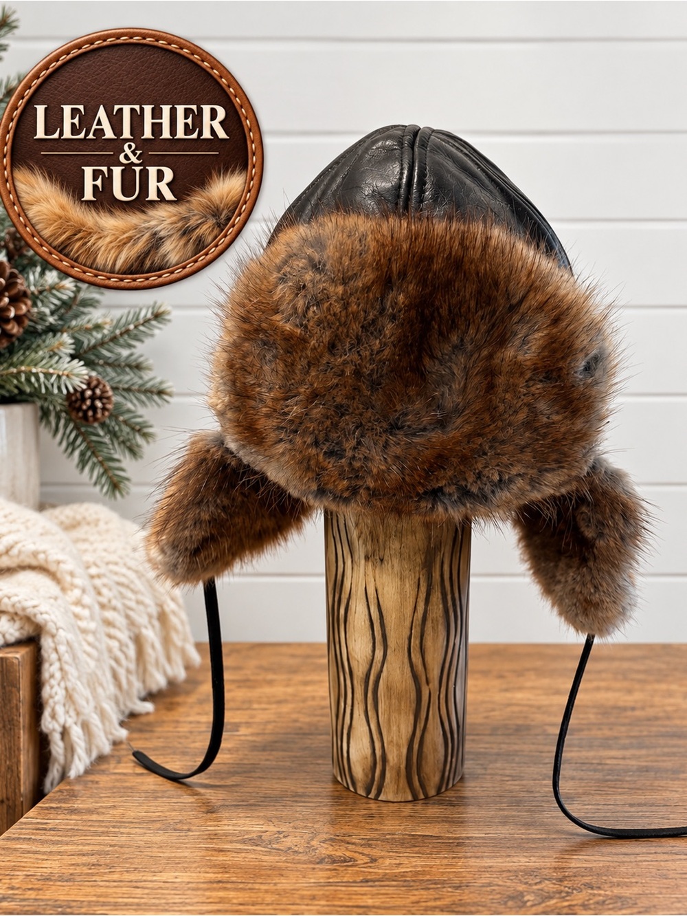 Leather & Fur Trapper Hat – Size M